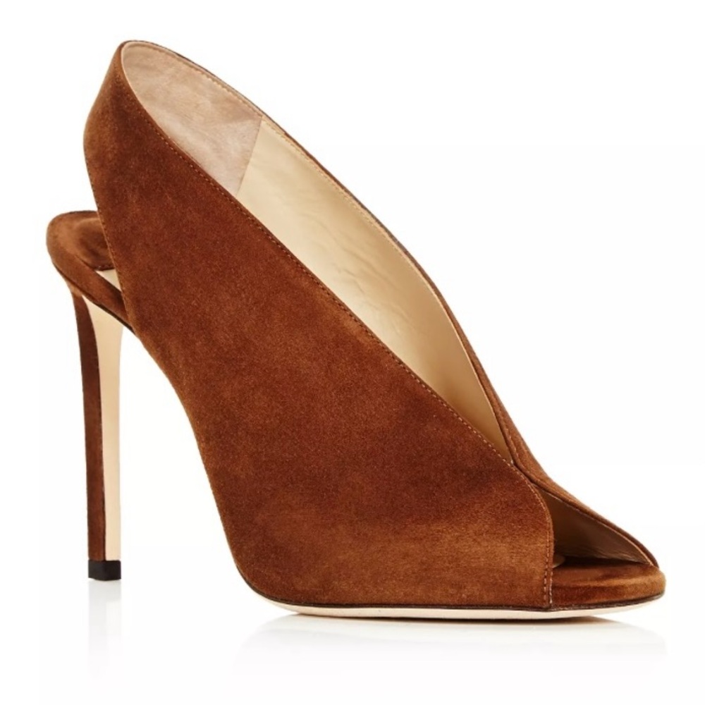 Jimmy Choo “Shar” heeled open toe slingback sandals in Brown suede, NWOT, sz 40